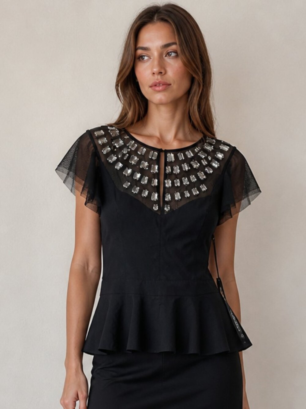 bebe Black Embellished Mesh Peplum Top XXS NWT Rhinestone Sheer Yoke Blouse